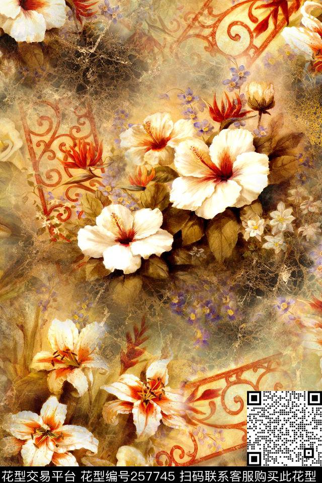 复古典雅花卉数码印花华亿平台下载（图片编号: 257745） - 瓦栏（Walan）