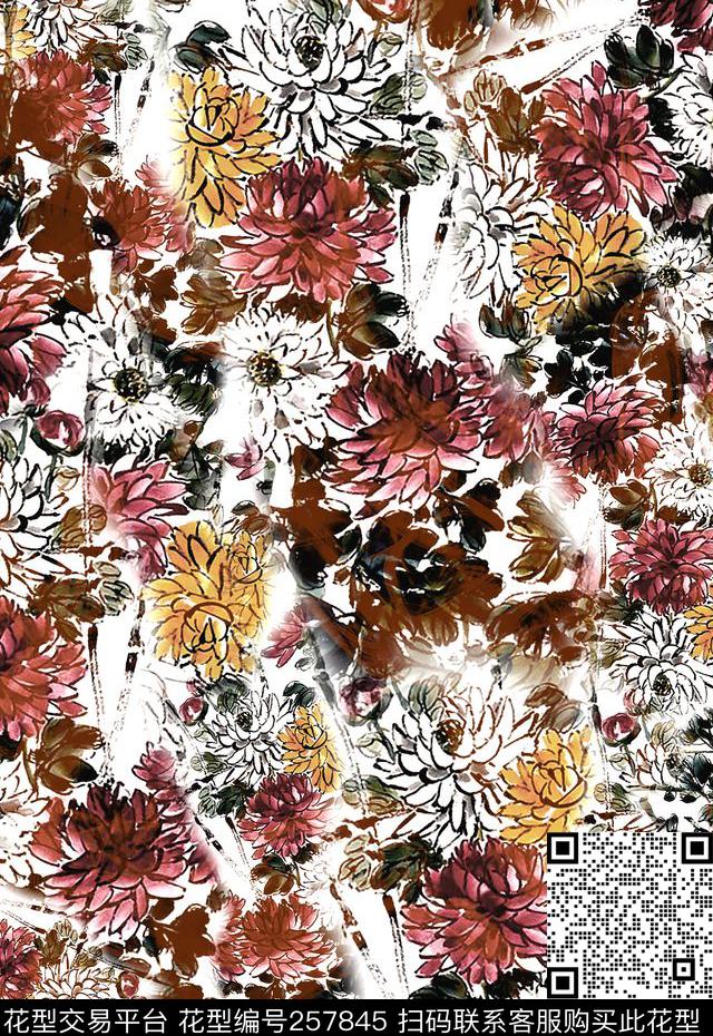 花卉水彩水墨数码印花华亿平台下载（图片编号: 257845） - 瓦栏（Walan）