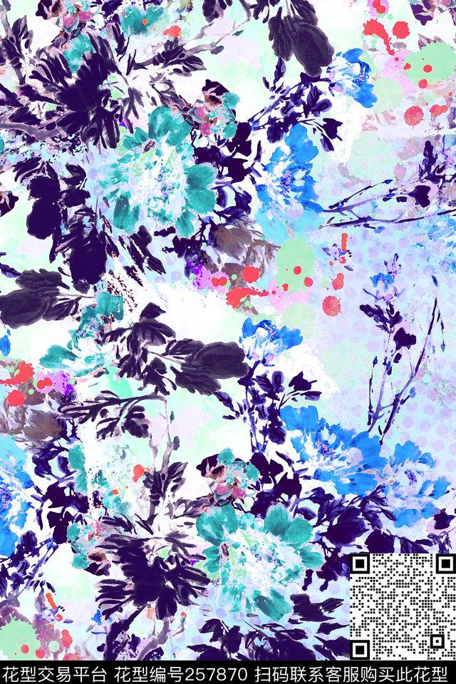 圆点花卉淡雅数码印花华亿平台下载（图片编号: 257870） - 瓦栏（Walan）