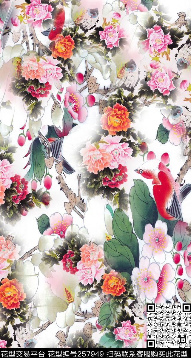 淡雅花卉浅底数码印花华亿平台下载（图片编号: 257949） - 瓦栏（Walan）