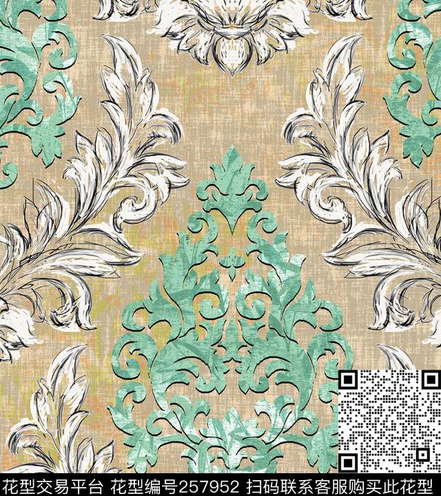 传统花卉卷草纹传统印花华亿平台下载（图片编号: 257952） - 瓦栏（Walan）