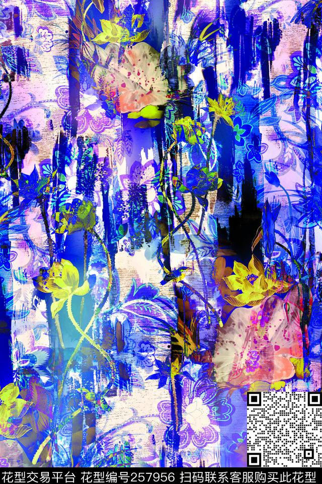 荷花绚丽水墨数码印花华亿平台下载（图片编号: 257956） - 瓦栏（Walan）