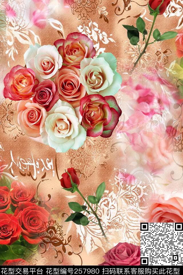 玫瑰连续浪漫数码印花华亿平台下载（图片编号: 257980） - 瓦栏（Walan）