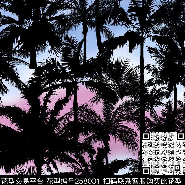 热带风情椰子树渐变数码印花华亿平台下载（图片编号: 258031） - 瓦栏（Walan）