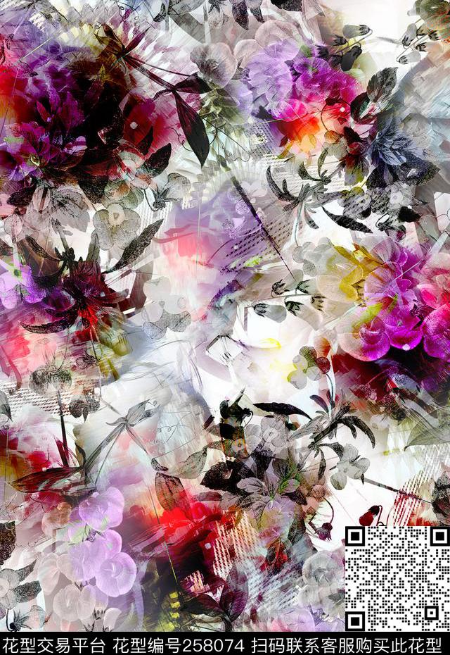抽象油画花卉数码印花华亿平台下载（图片编号: 258074） - 瓦栏（Walan）