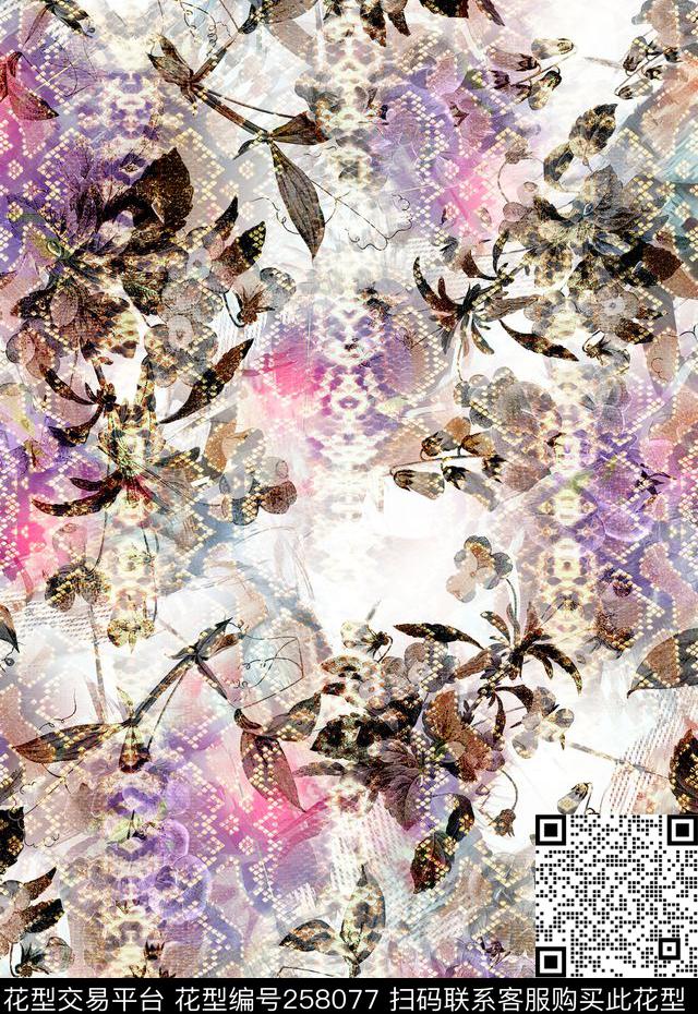 蛇纹花卉水彩数码印花华亿平台下载（图片编号: 258077） - 瓦栏（Walan）