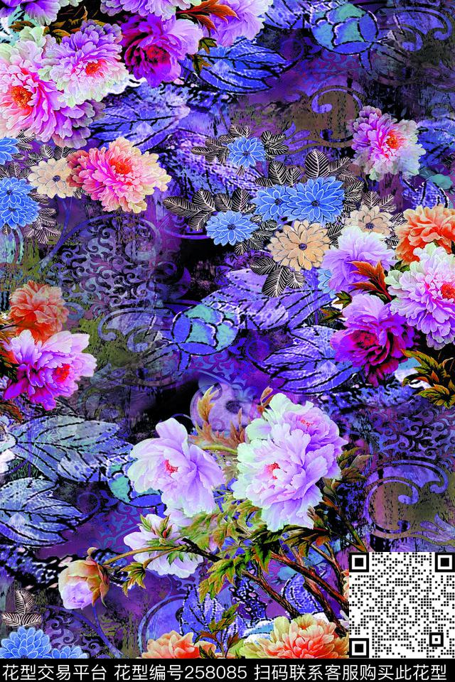 牡丹绚丽中国风数码印花华亿平台下载（图片编号: 258085） - 瓦栏（Walan）