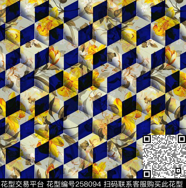 几何立体花卉数码印花华亿平台下载（图片编号: 258094） - 瓦栏（Walan）