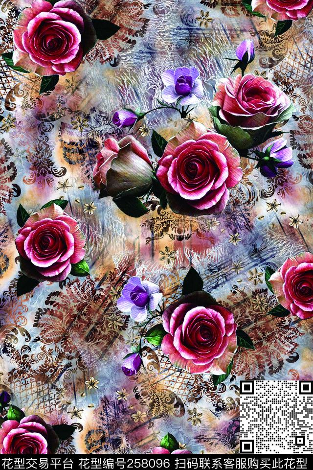 玫瑰典雅肌理数码印花华亿平台下载（图片编号: 258096） - 瓦栏（Walan）