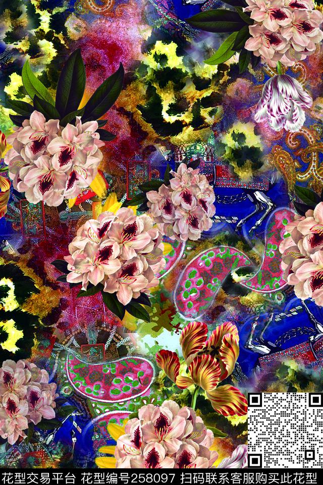 高贵花卉复古数码印花华亿平台下载（图片编号: 258097） - 瓦栏（Walan）