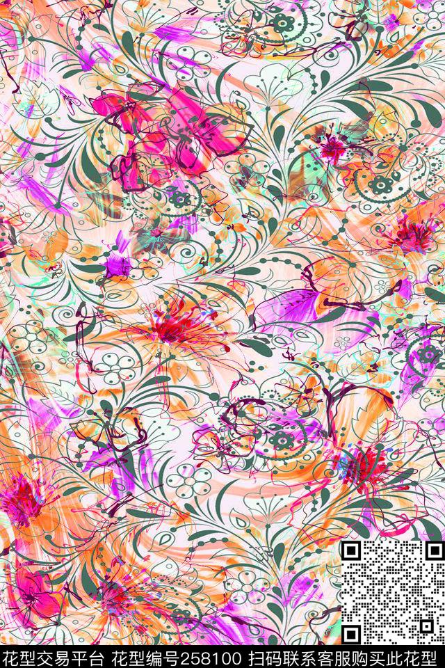 水彩笔触花卉抽象数码印花华亿平台下载（图片编号: 258100） - 瓦栏（Walan）