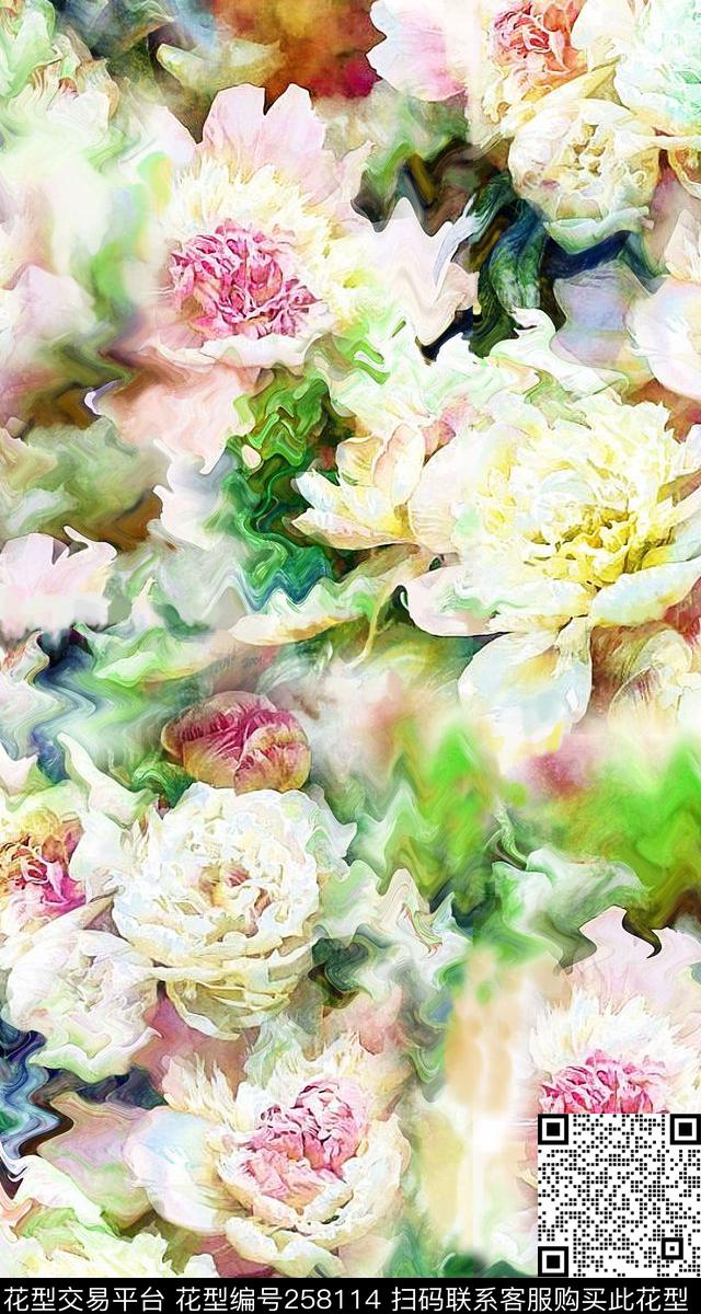 花卉淡雅抽象数码印花华亿平台下载（图片编号: 258114） - 瓦栏（Walan）