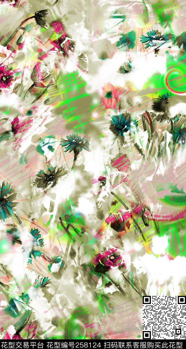 抽象水彩质感笔触数码印花华亿平台下载（图片编号: 258124） - 瓦栏（Walan）