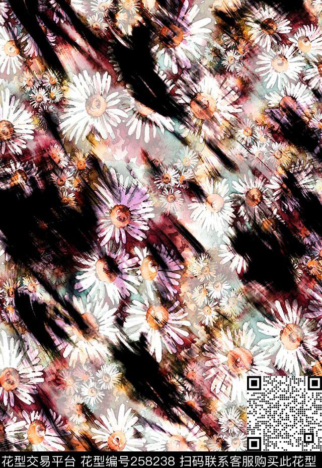 雏菊花卉水墨数码印花华亿平台下载（图片编号: 258238） - 瓦栏（Walan）