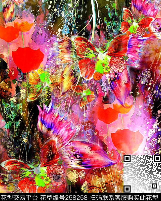 蝴蝶花纹朦胧数码印花华亿平台下载（图片编号: 258258） - 瓦栏（Walan）