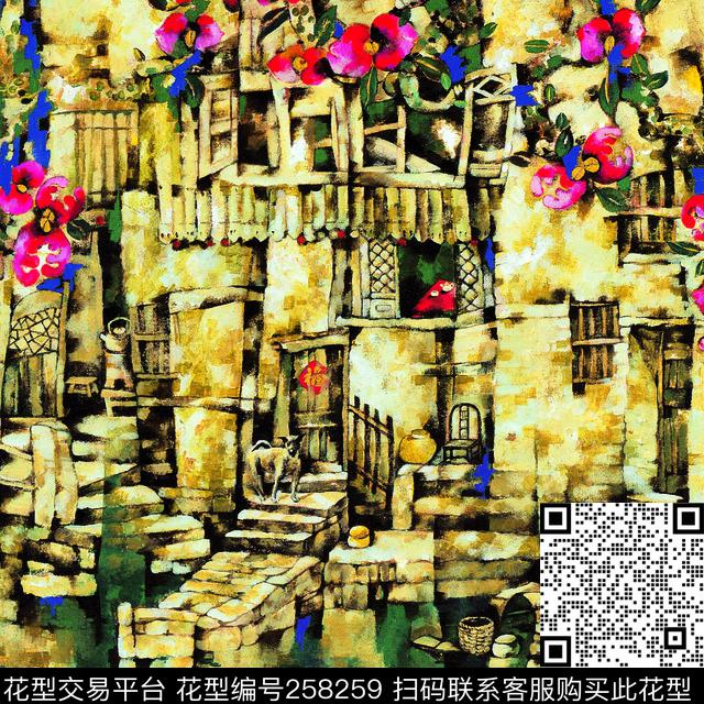 民居水墨方巾数码印花华亿平台下载（图片编号: 258259） - 瓦栏（Walan）