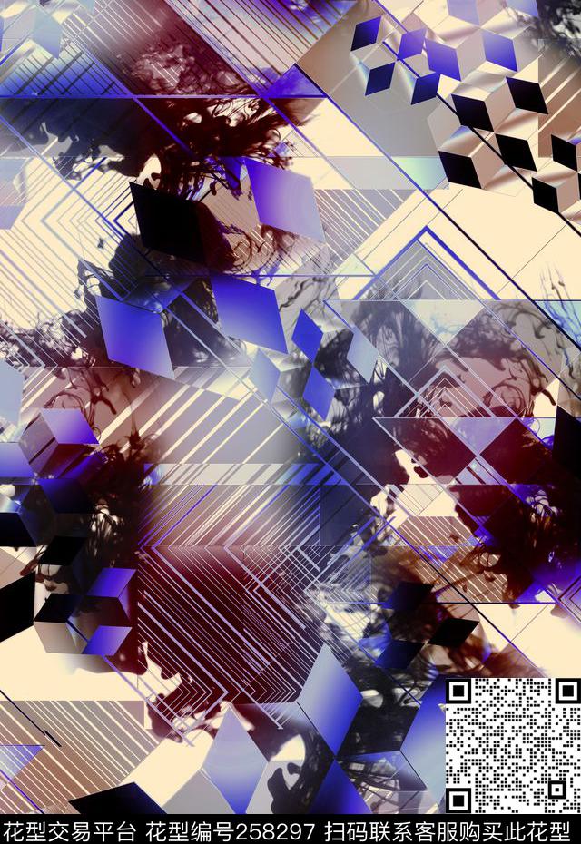 抽象几何组合数码印花华亿平台下载（图片编号: 258297） - 瓦栏（Walan）