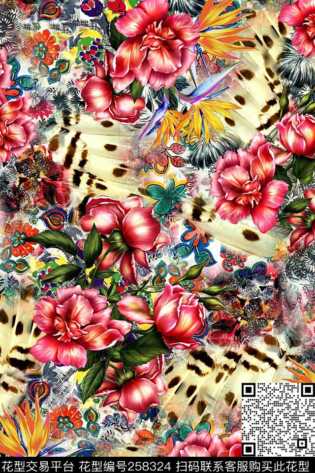 动物纹羽毛花卉数码印花华亿平台下载（图片编号: 258324） - 瓦栏（Walan）