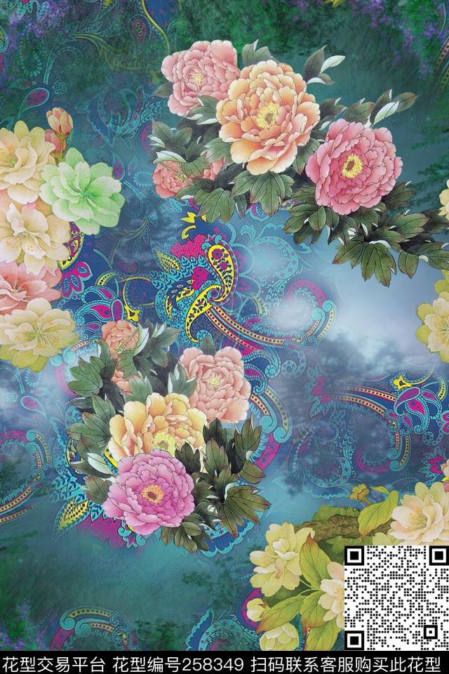 花卉华贵多彩数码印花华亿平台下载（图片编号: 258349） - 瓦栏（Walan）