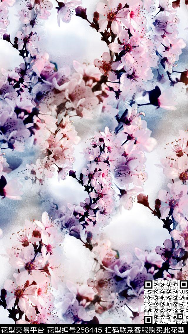 桃花清新组合数码印花华亿平台下载（图片编号: 258445） - 瓦栏（Walan）