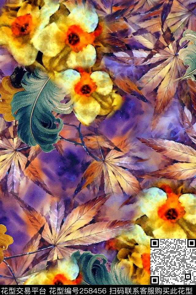 花卉水彩炫彩数码印花华亿平台下载（图片编号: 258456） - 瓦栏（Walan）