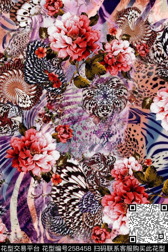 动物纹黑白经典花卉数码印花华亿平台下载（图片编号: 258458） - 瓦栏（Walan）