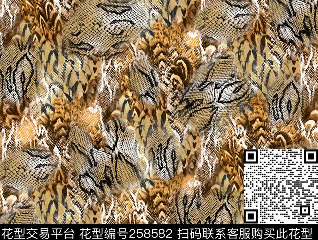 蛇纹羽毛花组合数码印花华亿平台下载（图片编号: 258582） - 瓦栏（Walan）