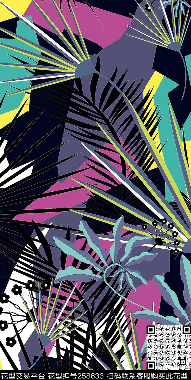 热带花卉椰树剪影传统印花华亿平台下载（图片编号: 258633） - 瓦栏（Walan）