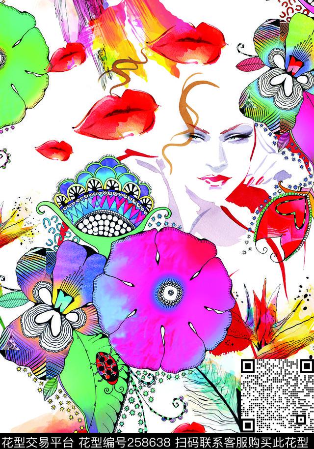 花卉人物时尚数码印花华亿平台下载（图片编号: 258638） - 瓦栏（Walan）