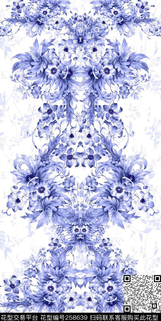 青花淡雅水彩数码印花华亿平台下载（图片编号: 258639） - 瓦栏（Walan）