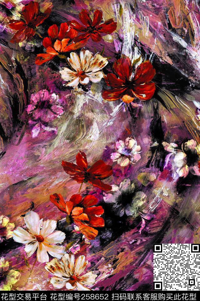 抽象油画花卉数码印花华亿平台下载（图片编号: 258652） - 瓦栏（Walan）