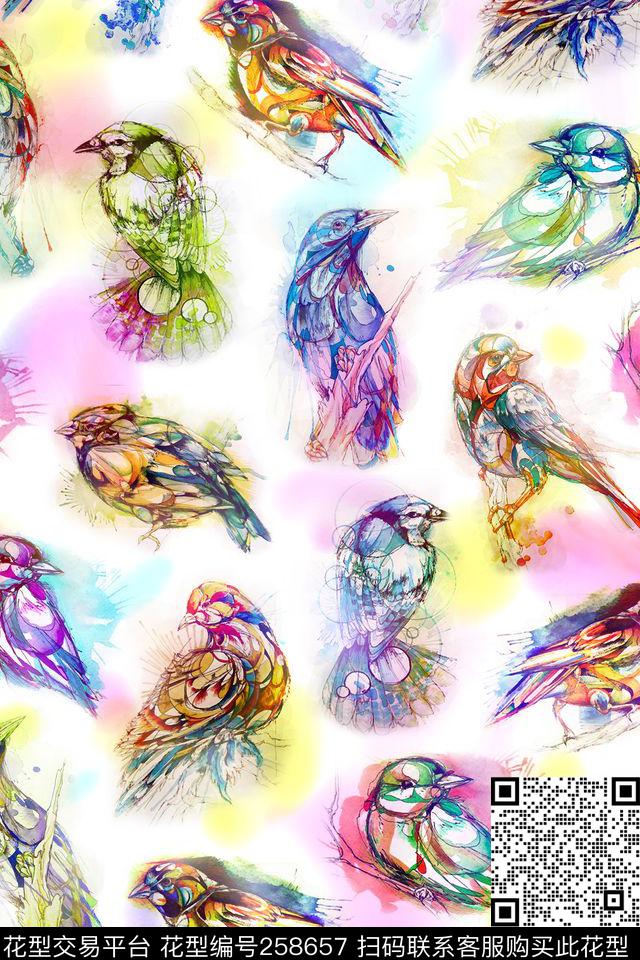 水彩小鸟可爱数码印花华亿平台下载（图片编号: 258657） - 瓦栏（Walan）