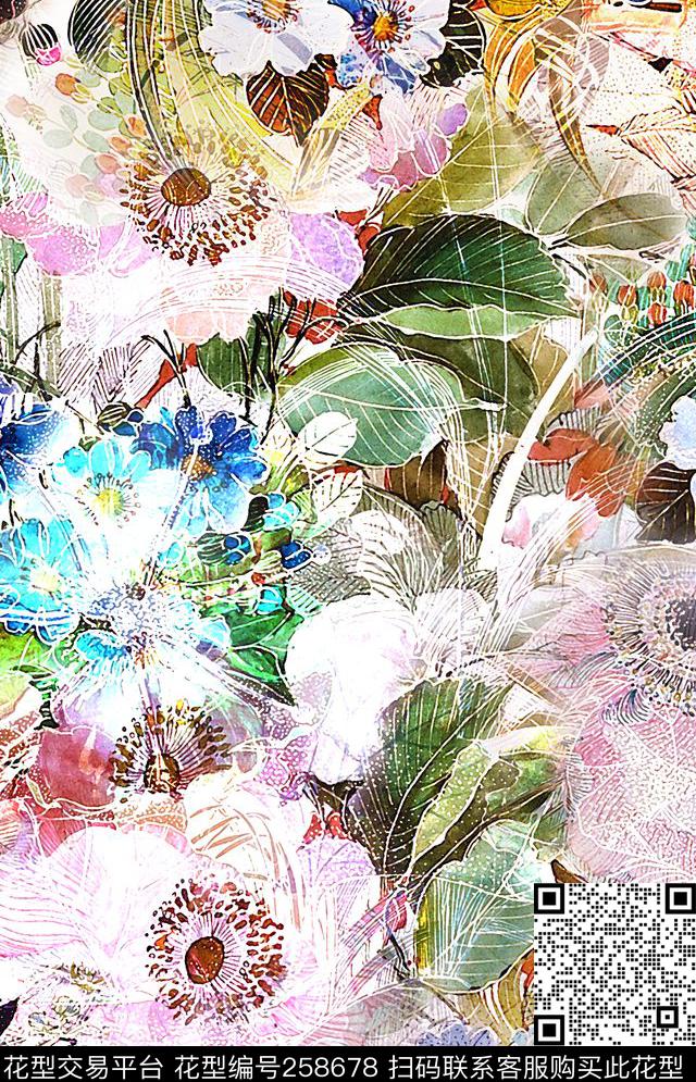 工笔花卉肌理清新淡雅中国风数码印花华亿平台下载（图片编号: 258678） - 瓦栏（Walan）