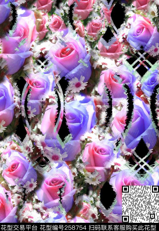 玫瑰雏菊多彩数码印花华亿平台下载（图片编号: 258754） - 瓦栏（Walan）