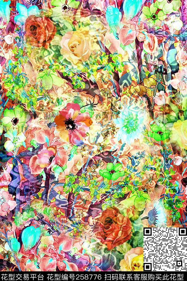 花卉油画肌理数码印花华亿平台下载（图片编号: 258776） - 瓦栏（Walan）