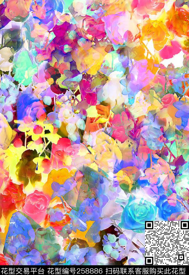 抽象花卉水彩数码印花华亿平台下载（图片编号: 258886） - 瓦栏（Walan）
