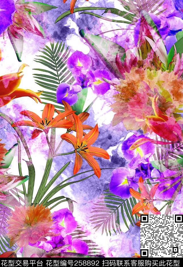 花卉清新水彩数码印花华亿平台下载（图片编号: 258892） - 瓦栏（Walan）
