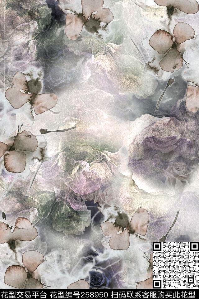 花卉抽象水彩数码印花华亿平台下载（图片编号: 258950） - 瓦栏（Walan）