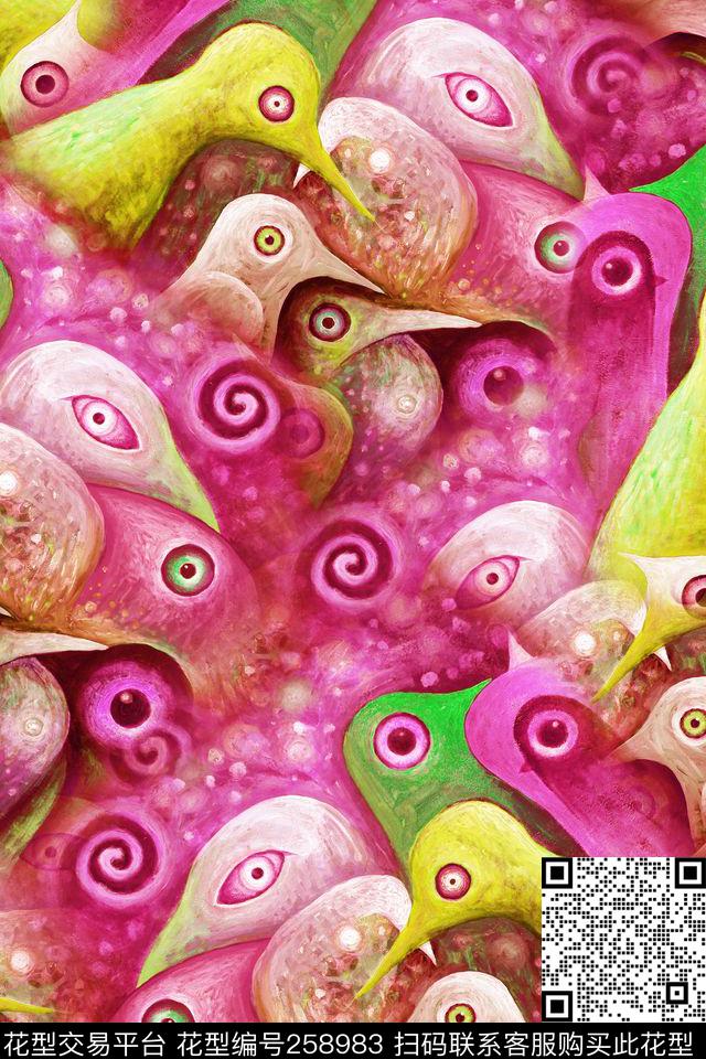 抽象小鸟油画数码印花华亿平台下载（图片编号: 258983） - 瓦栏（Walan）