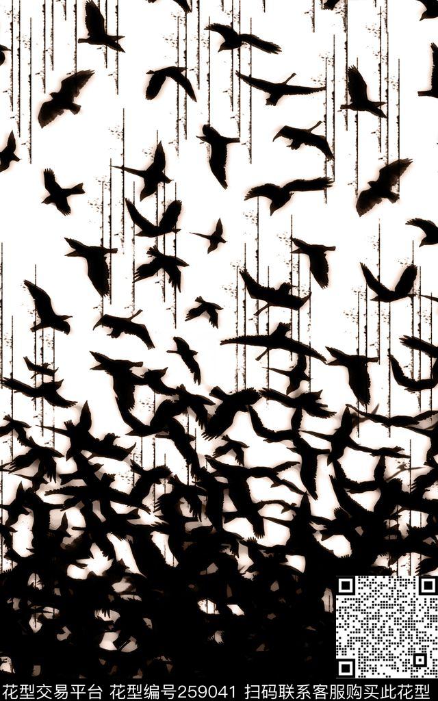 鸟黑白剪影传统印花华亿平台下载（图片编号: 259041） - 瓦栏（Walan）