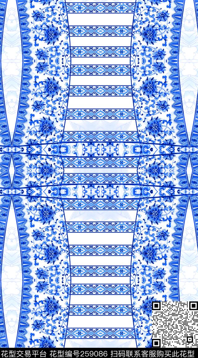 青花中国风素雅数码印花华亿平台下载（图片编号: 259086） - 瓦栏（Walan）