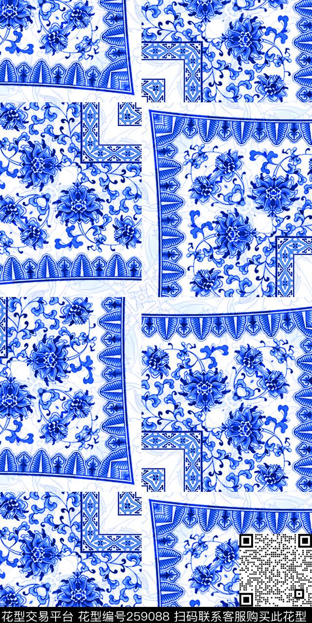 青花中国风拼接数码印花华亿平台下载（图片编号: 259088） - 瓦栏（Walan）