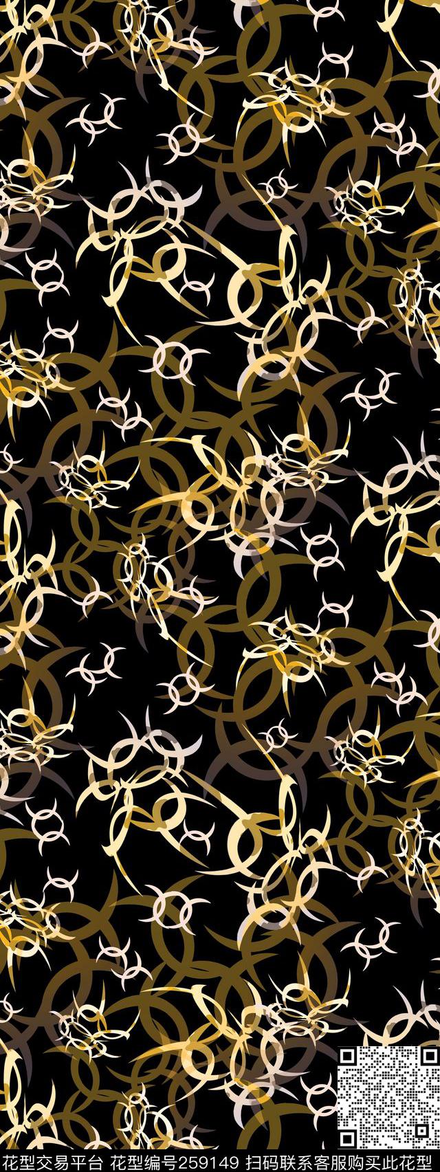 黑底几何抽象月牙形传统印花华亿平台下载（图片编号: 259149） - 瓦栏（Walan）