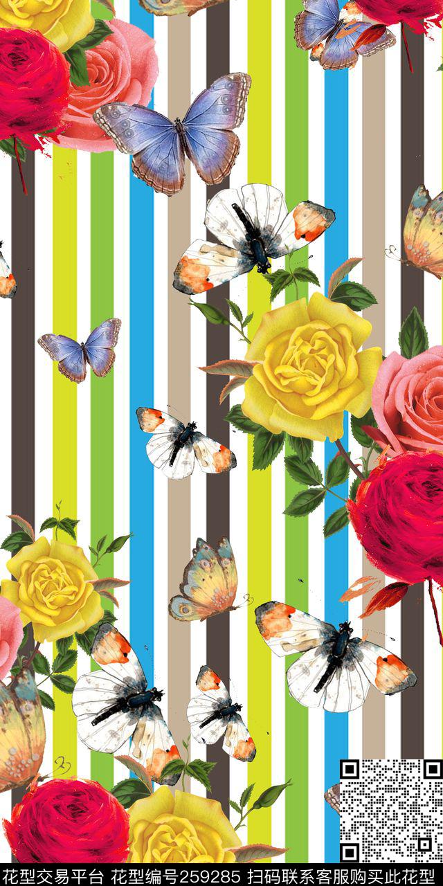 花卉蝴蝶条纹数码印花华亿平台下载（图片编号: 259285） - 瓦栏（Walan）
