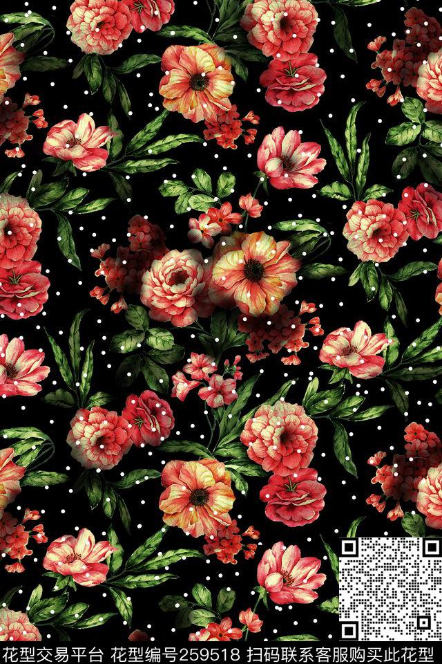 花卉深底红色数码印花华亿平台下载（图片编号: 259518） - 瓦栏（Walan）