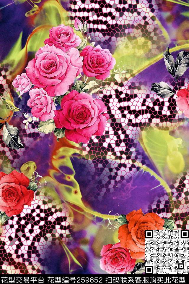 水彩花卉玫瑰马赛克几何花卉数码印花华亿平台下载（图片编号: 259652） - 瓦栏（Walan）