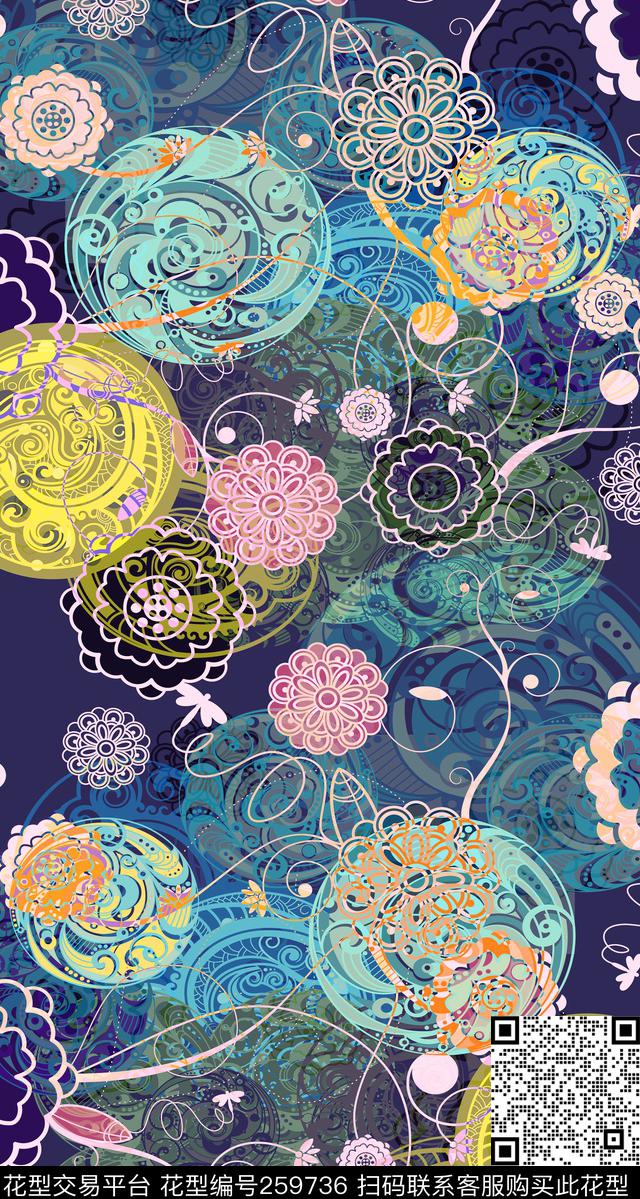 花卉古典圆形数码印花华亿平台下载（图片编号: 259736） - 瓦栏（Walan）