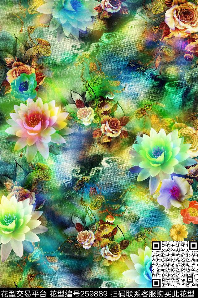 花卉组合数码印花华亿平台下载（图片编号: 259889） - 瓦栏（Walan）