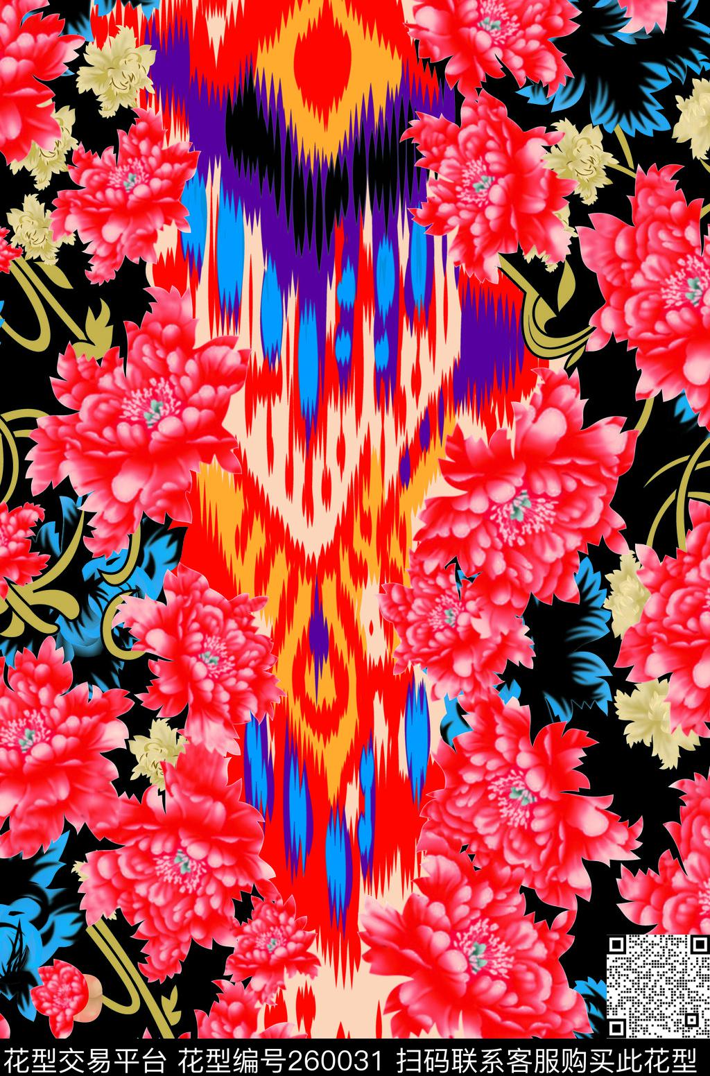 花卉深底红色数码印花华亿平台下载（图片编号: 260031） - 瓦栏（Walan）