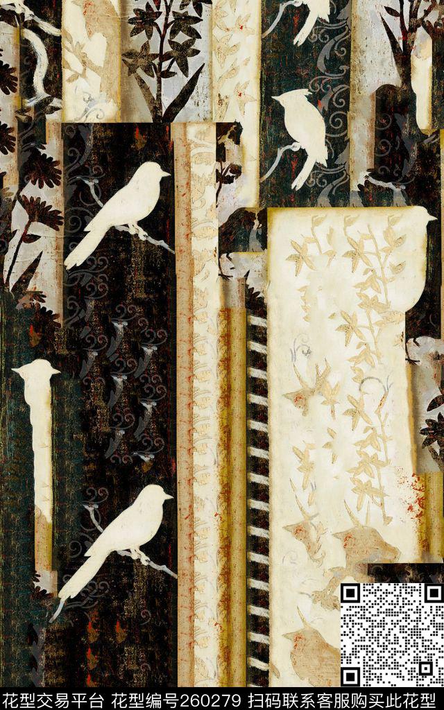 装饰鸟条纹数码印花华亿平台下载（图片编号: 260279） - 瓦栏（Walan）